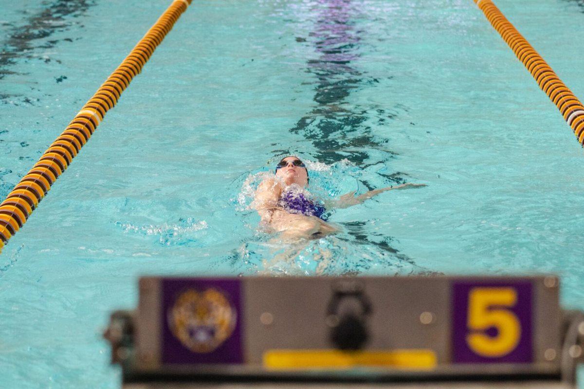 LSU swim senior Maddie Clifton competes on Friday, Sept. 23, 2022, in the 200-yard backstroke during LSU&#8217;s victory over Tulane and Vanderbilt at the LSU Natatorium on Nicholson Drive in Baton Rouge, La.