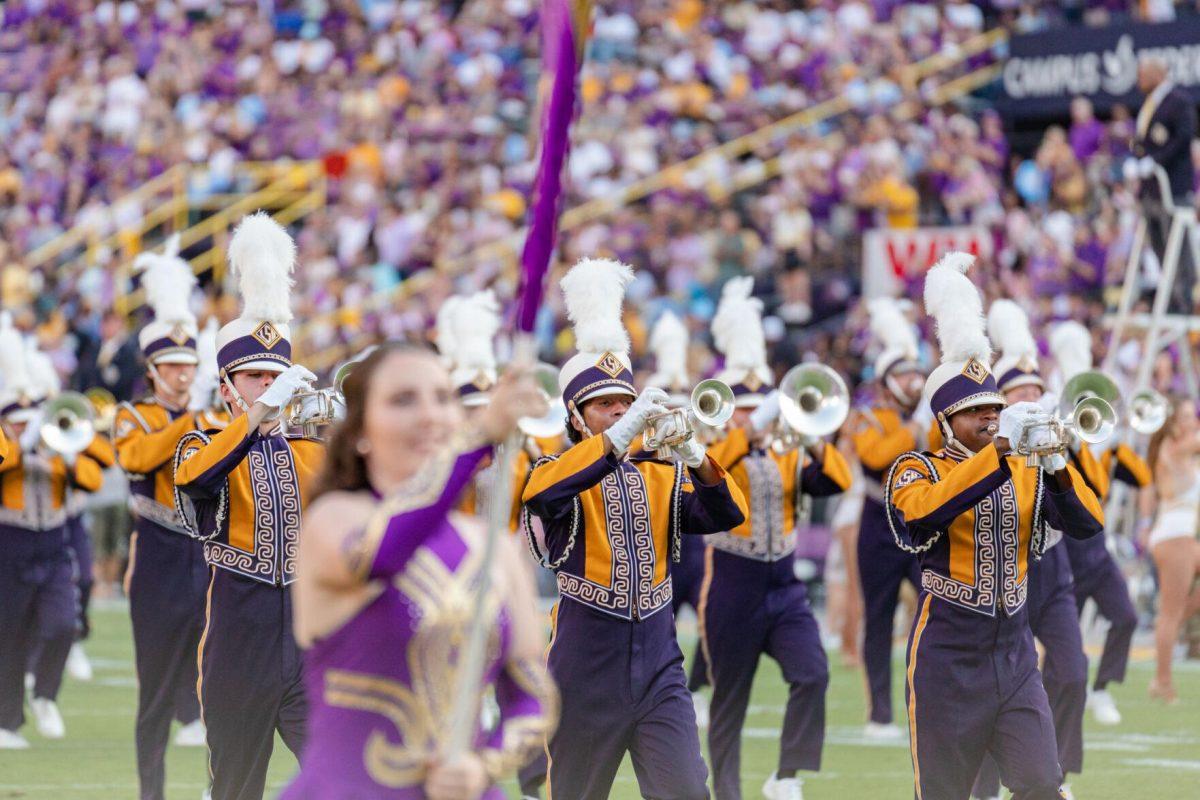 The LSU band performs on the field on Saturday, Sept. 10, 2022, prior to LSU&#8217;s 65-17 win over Southern at Tiger Stadium in Baton Rouge, La.