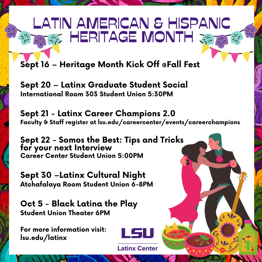 The Latinx Center has a full list of events planned to celebrate Hispanic Heritage Month.