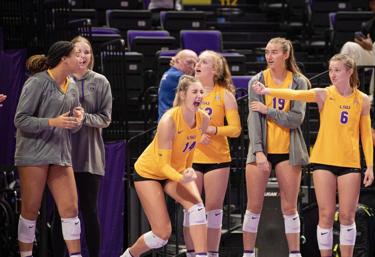 LSU volleyball senior middle blocker Allee Morris (14) celebrates a point against Iowa State on Friday, Sept. 2, 2022, during LSU&#8217;s 3-0 victory over Iowa State in the Pete Maravich Assembly Center in Baton Rouge, La.