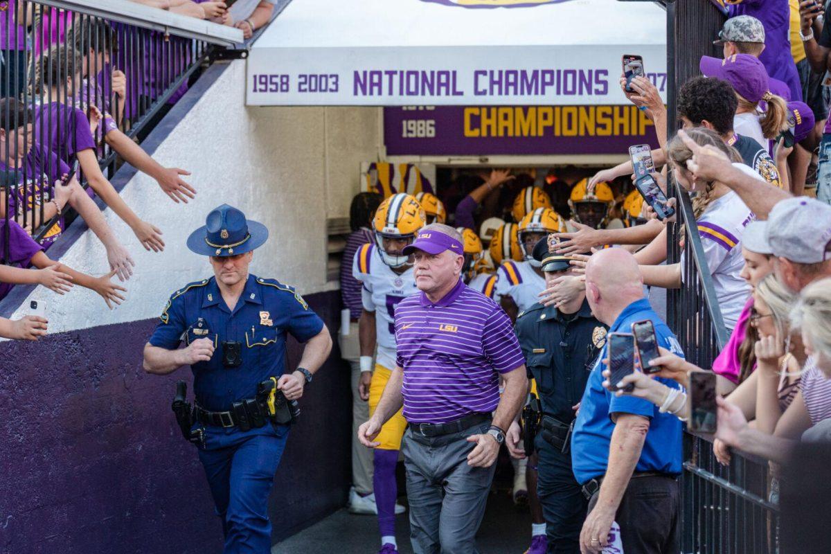 LSU football head coach Brian Kelly takes the field on Saturday, Sept. 10, 2022, before LSU&#8217;s 65-17 win over Southern at Tiger Stadium in Baton Rouge, La.