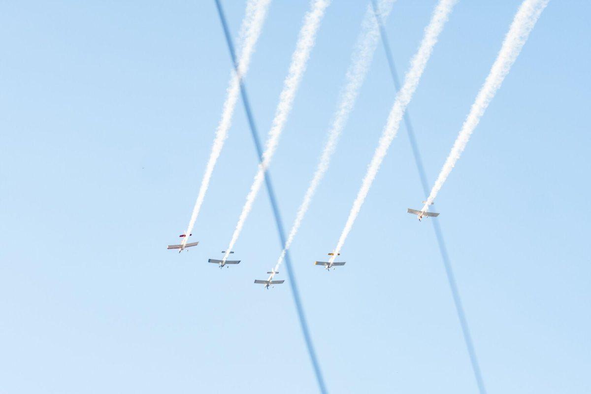 Planes fly overhead on Saturday, Sept. 10, 2022, before LSU&#8217;s 65-17 win over Southern at Tiger Stadium in Baton Rouge, La.