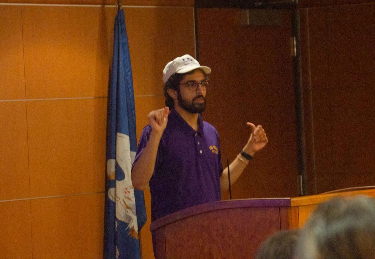 Student Government senator Hamood Qureshi speaks to the room on Wednesday, Aug. 31, 2022, in the Student Union in Baton Rouge, La.