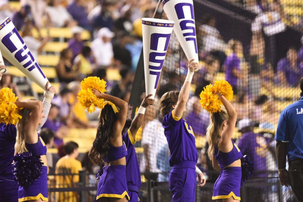 LSU cheerleaders cheer on Saturday, Sep. 10, 2022, during LSU&#8217;s 65-17 win over Southern at Tiger Stadium in Baton Rouge, La.