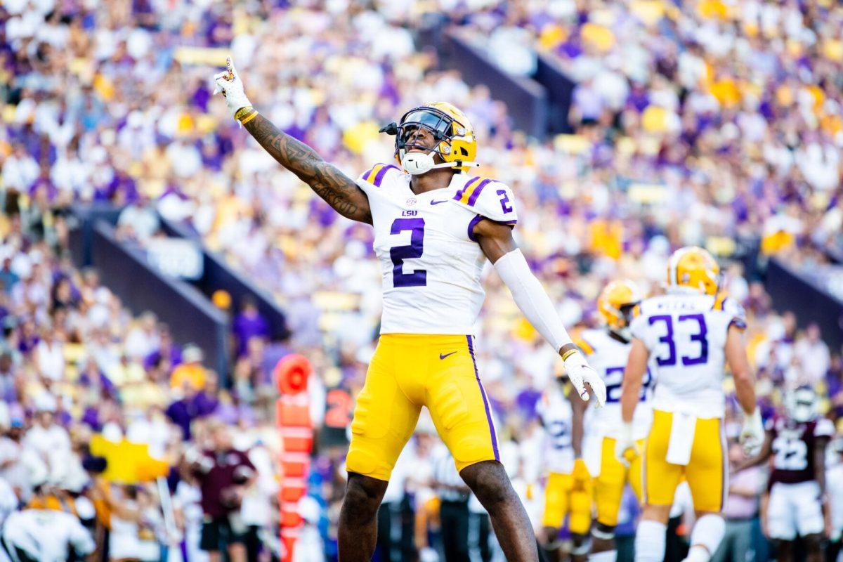 LSU football junior cornerback Mekhi Garner (2) celebrates the defensive stop Saturday, Sept. 17, 2022 during LSU’s 31-16 win against Mississippi State at Tiger Stadium in Baton Rouge, La.