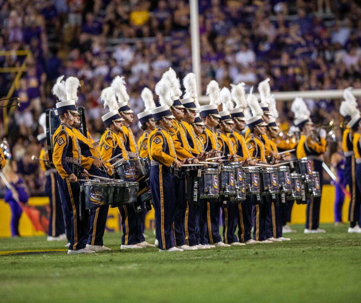 The LSU Drumline perform during half-time on Saturday, Sept. 24, 2022, during the LSU vs New Mexico game in Tiger Stadium.