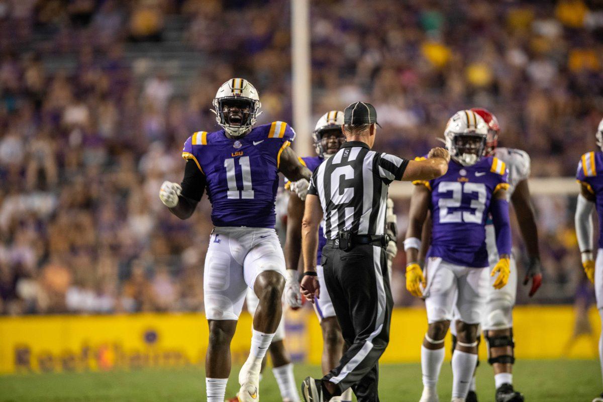 LSU football senior defensive end Ali Gaye (11) celebrates after making a play on Saturday, Sept. 24, 2022, during the LSU vs New Mexico game in Tiger Stadium&#160;in Baton Rouge, La.