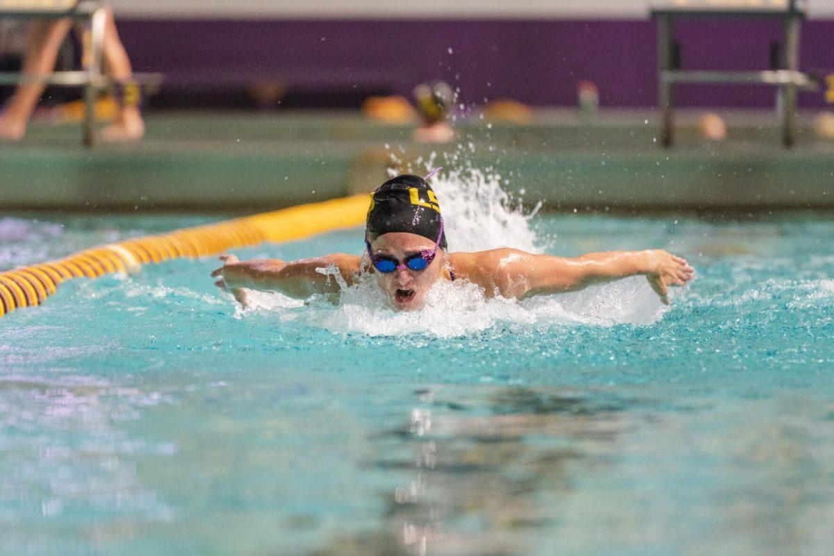 LSU swim butterfly junior Hannah Bellina comes up for air on Friday, Sept. 23, 2022, during LSU&#8217;s victory over Tulane and Vanderbilt at the LSU Natatorium on Nicholson Drive in Baton Rouge, La.