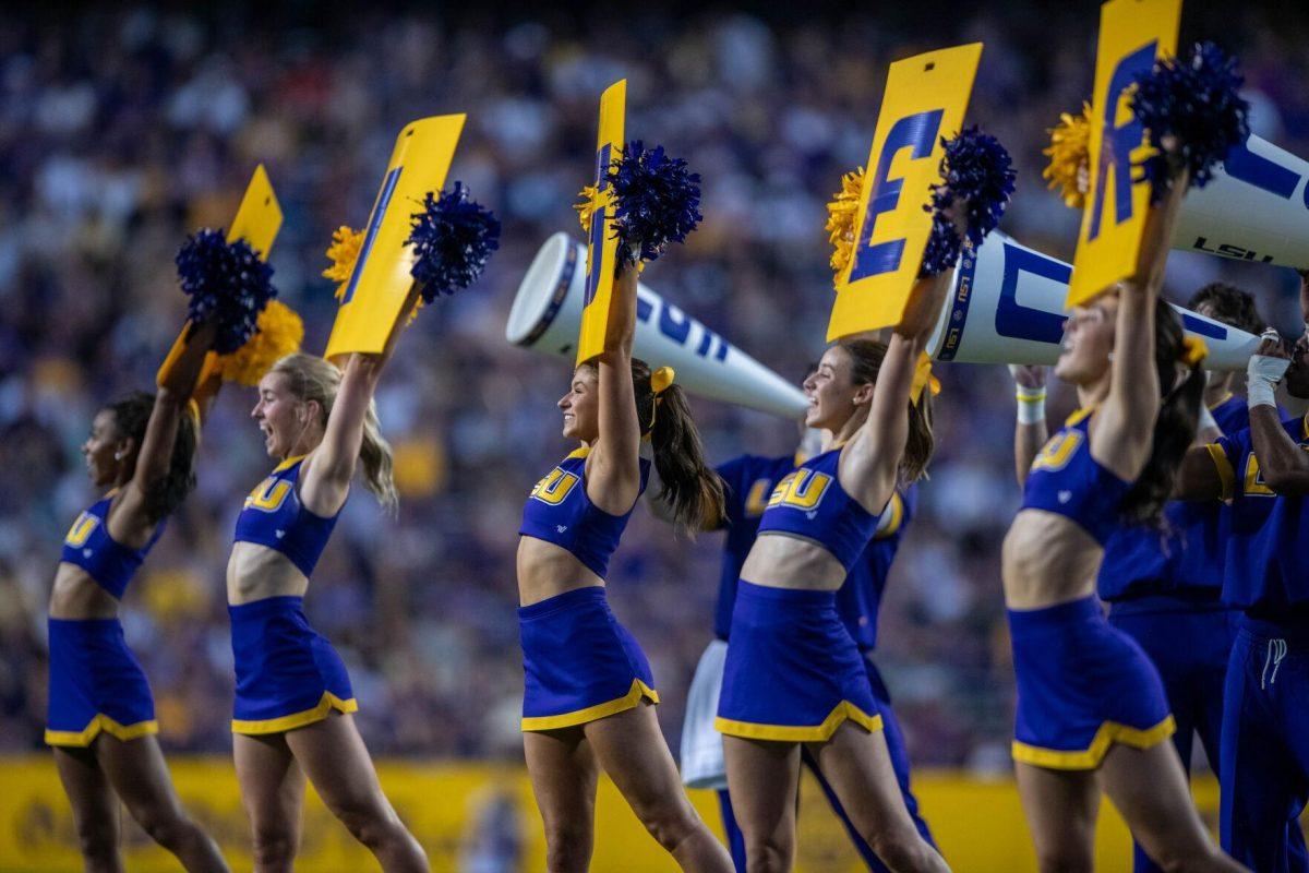 LSU cheerleaders hype the crowd of fans up on Saturday, Sept. 24, 2022, during the LSU vs New Mexico game in Tiger Stadium&#160;in Baton Rouge, La.