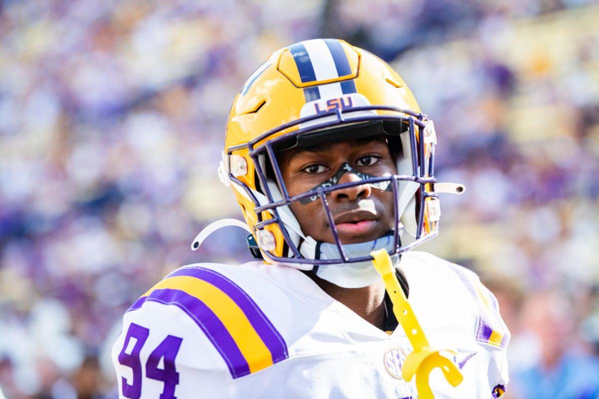 LSU football freshman defensive end Princeton Malbrue (94) looks towards the crowd Saturday, Sept. 17, 2022 before LSU’s 31-16 win against Mississippi State at Tiger Stadium in Baton Rouge, La.