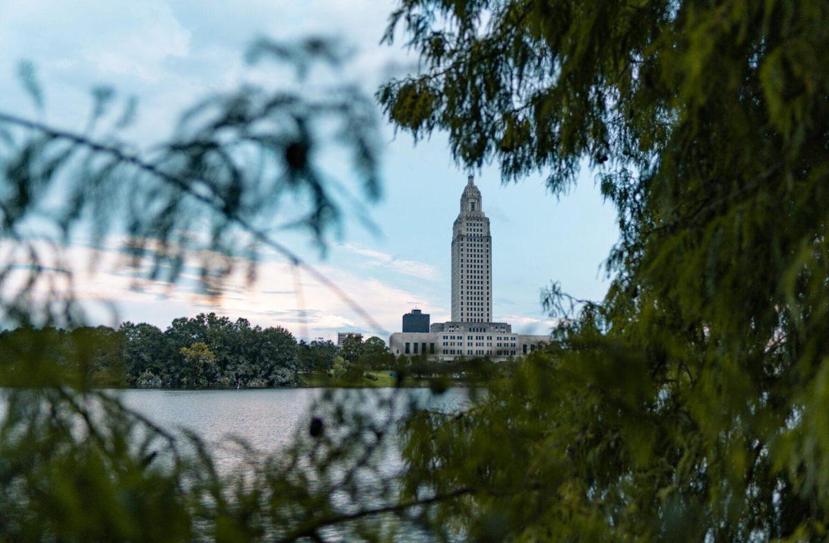 Leaves and branches frame the Capitol on Friday, Sept. 2, 2022, on North 3rd Street in Baton Rouge, La.