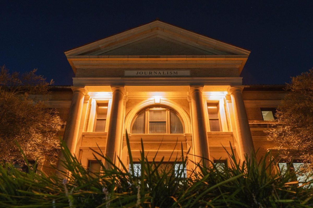 The Journalism Building rises into the night sky on Tuesday, Sept. 13, 2022, on Field House Drive in Baton Rouge, La.