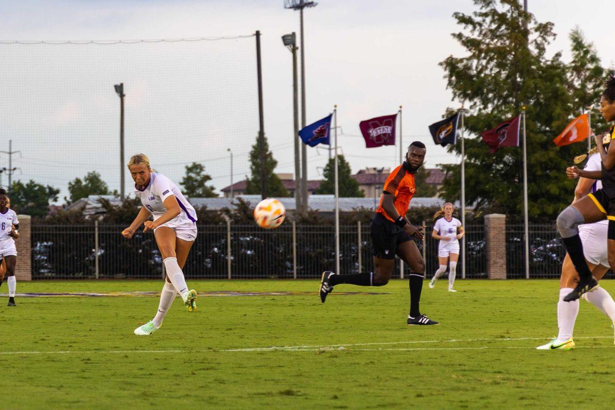 LSU soccer freshman midfielder Ida Hermannsdottir (17) shoots at the goal Friday, Sept. 2, 2022, making the score 2-1 against Grambling State University at LSU's Soccer Stadium off of Nicholson Drive.