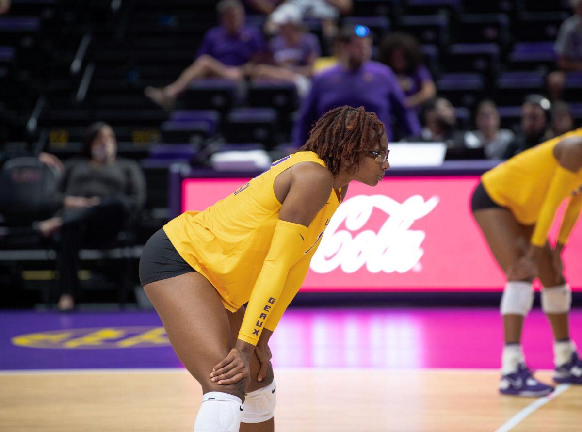 LSU volleyball senior middle blocker Anita Anwusi (11) gets into position on Friday, Sept. 2, 2022, during LSU&#8217;s 3-0 victory over Iowa State in the Pete Maravich Assembly Center in Baton Rouge, La.