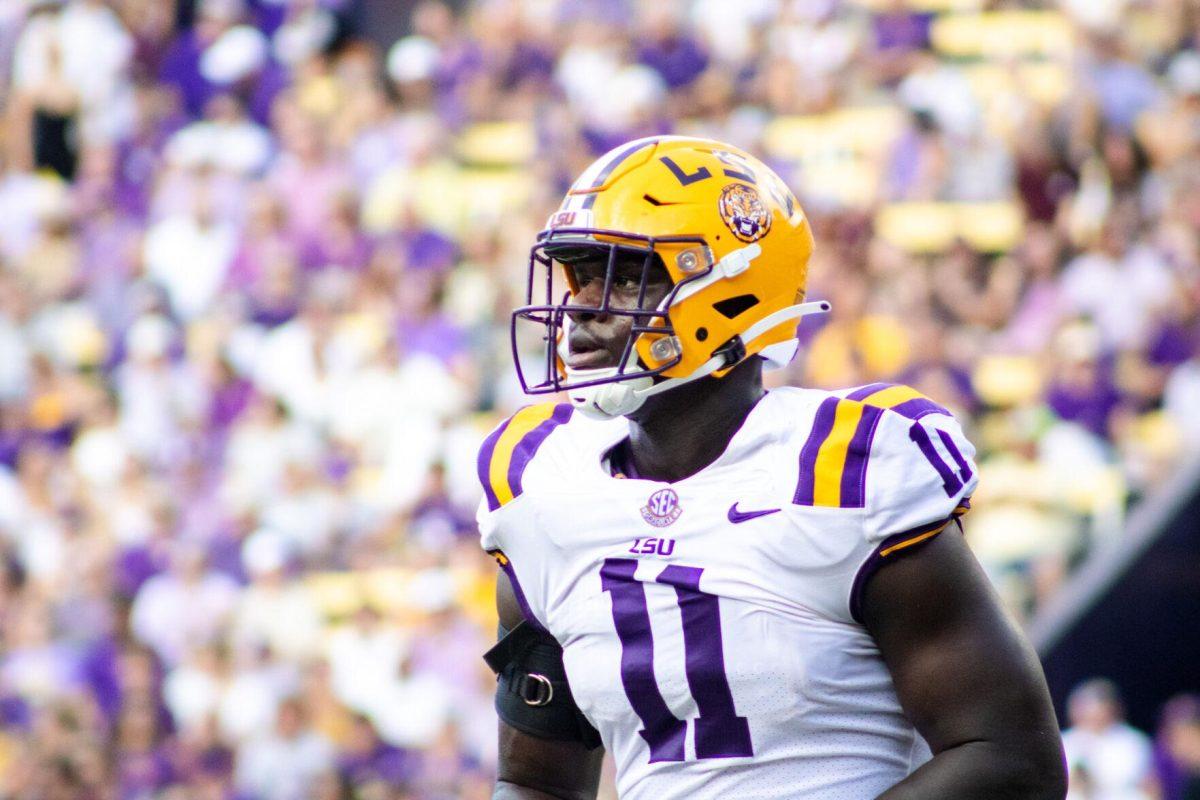 LSU football fifth-year senior defensive end Ali Gaye (11) runs off the field Saturday, Sept. 17, 2022 during LSU’s 31-16 win against Mississippi State at Tiger Stadium in Baton Rouge, La.