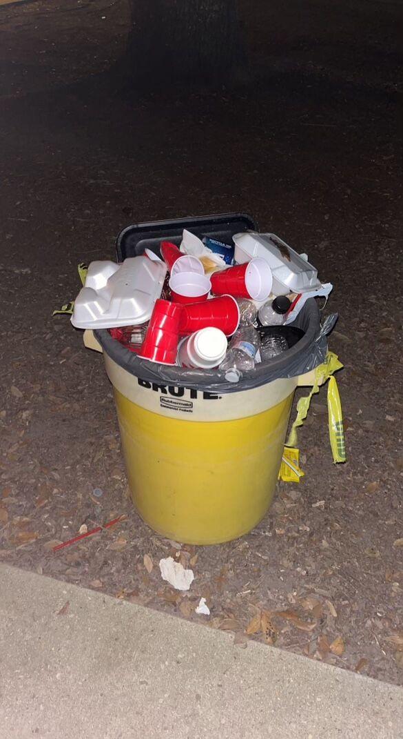 An overflowing trashcan after the LSU v. Mississippi State game.&#160;