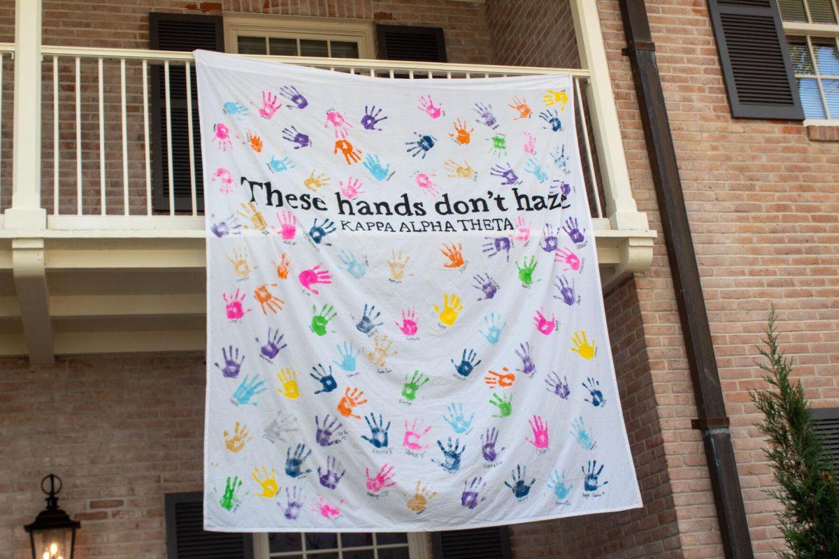 These hands don't haze banner hangs on the front of the Kappa Alpha Theta house on Thursday, Sept. 22, 2022 on W Lakeshore Drive in Baton Rouge.