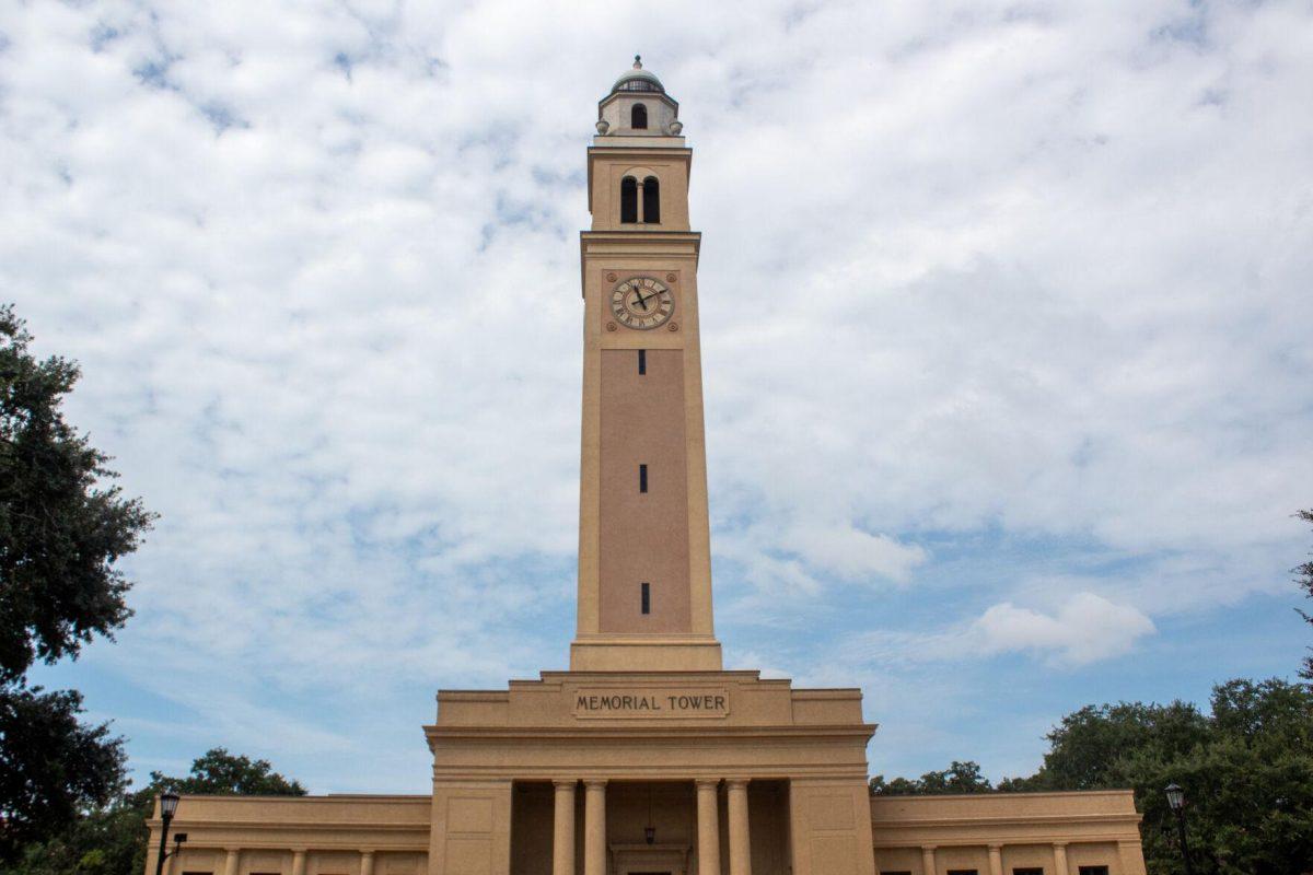 Clouds pass over Memorial Tower on Thursday, Sept. 8, 2022, on Tower Dr on LSU Campus.