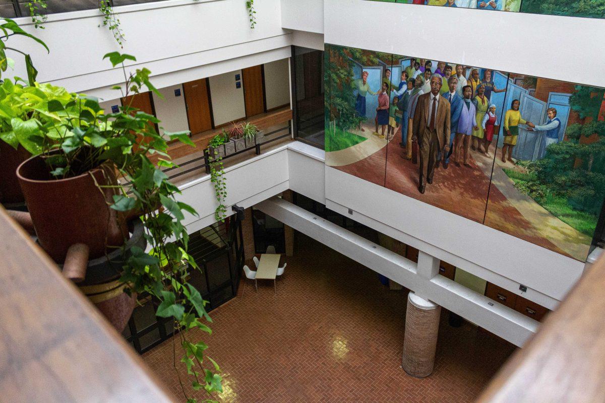 The Julian T. White Mural sits Monday, Aug. 29, 2022, in the Design Building on LSU's campus.