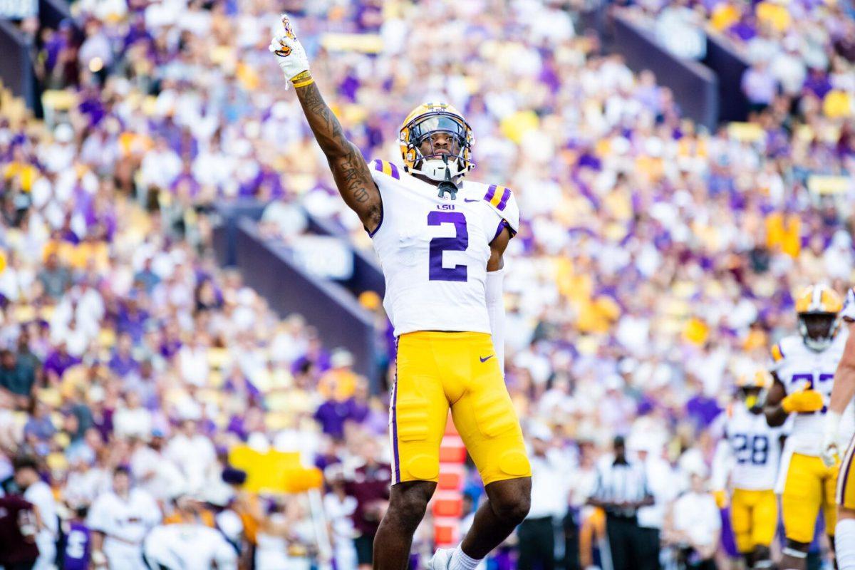 LSU football junior cornerback Mekhi Garner (2) celebrates the defensive stop Saturday, Sept. 17, 2022 during LSU’s 31-16 win against Mississippi State at Tiger Stadium in Baton Rouge, La.