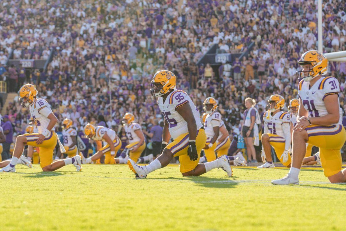 The LSU football team stretches in uniform on Saturday, Sept. 10, 2022, before LSU&#8217;s 65-17 win over Southern at Tiger Stadium in Baton Rouge, La.