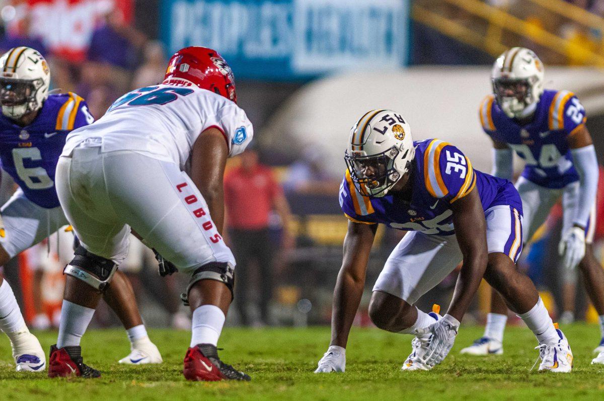 LSU football sophomore defensive end Sai'vion Jones (35) eyes down his opponent Saturday, Sept. 24, 2022, during LSU's 38-0 victory over New Mexico in Tiger Stadium&#160;in Baton Rouge, La.