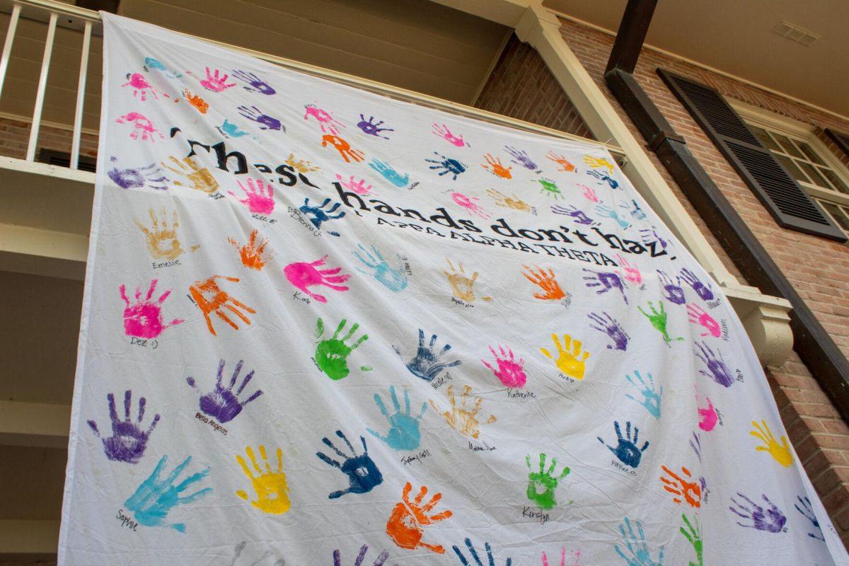 These hands don't haze banner sways in the wind in front of the Kappa Alpha Theta house on Thursday, Sept. 22, 2022 on W Lakeshore Drive in Baton Rouge.