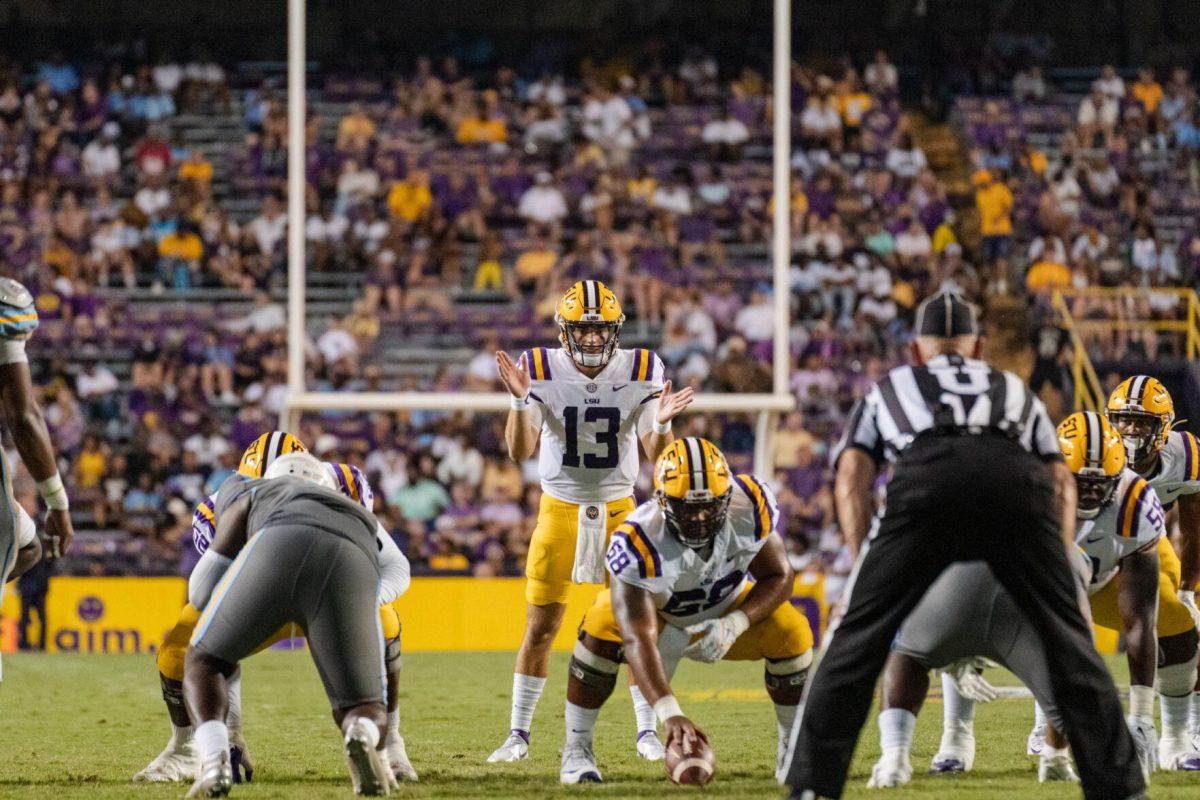 LSU football redshirt freshman quarterback Garrett Nussmeier (13) calls for the snap on Saturday, Sept. 10, 2022, during LSU&#8217;s 65-17 win over Southern at Tiger Stadium in Baton Rouge, La.