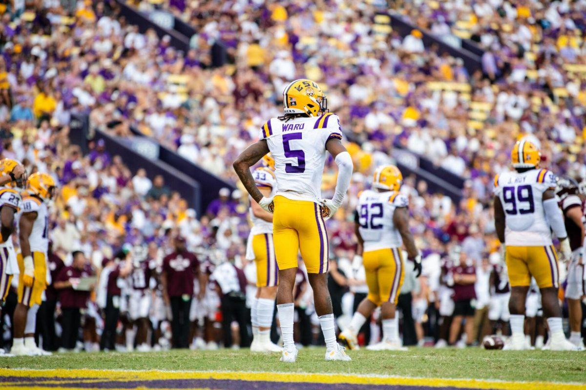 LSU football senior safety Jay Ward (5) waits for the action Saturday, Sept. 17, 2022 during LSU’s 31-16 win against Mississippi State at Tiger Stadium in Baton Rouge, La.