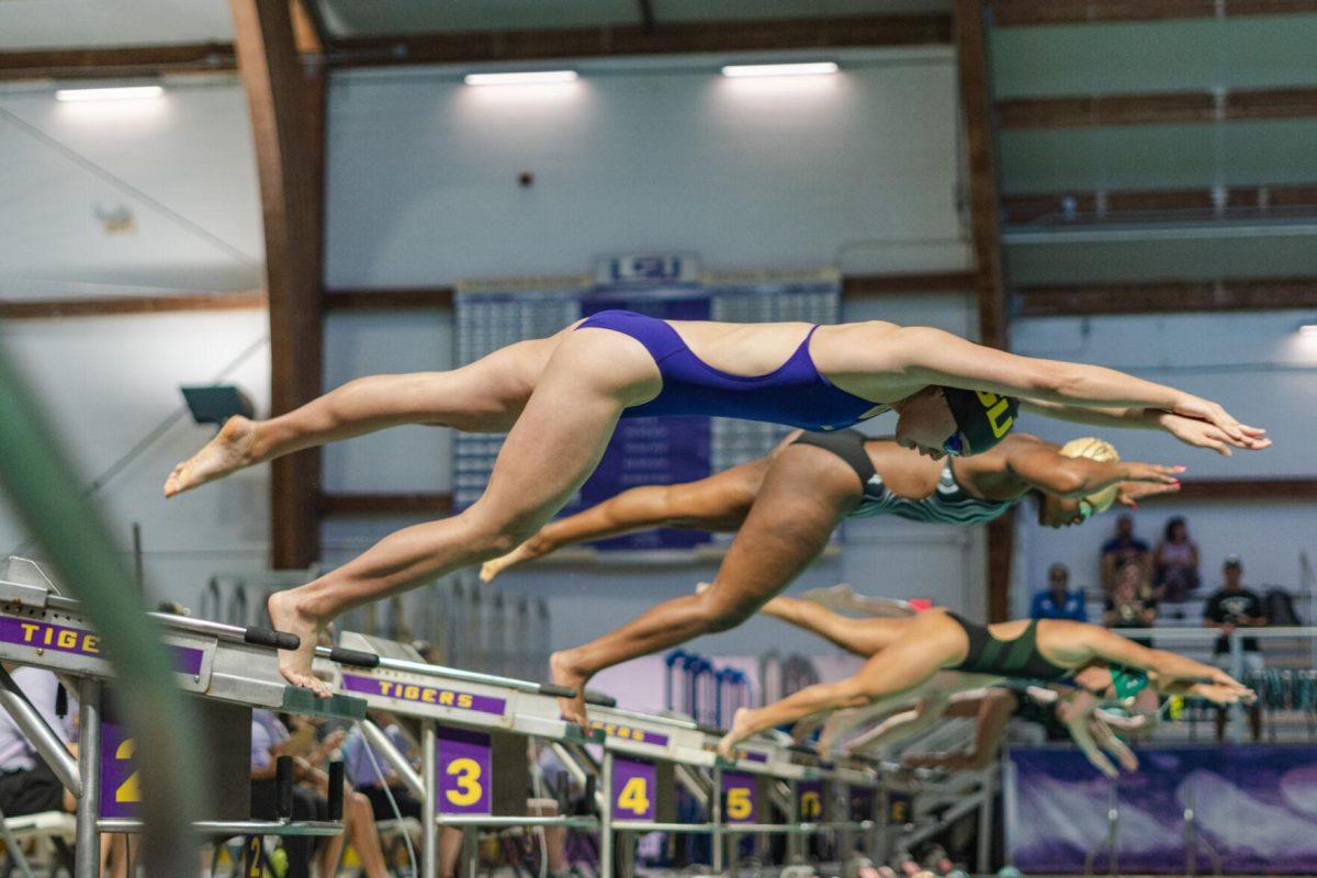 LSU swim freestyle freshman Megan Barnes dives into the pool on Friday, Sept. 23, 2022, during LSU&#8217;s victory over Tulane and Vanderbilt at the LSU Natatorium on Nicholson Drive in Baton Rouge, La.