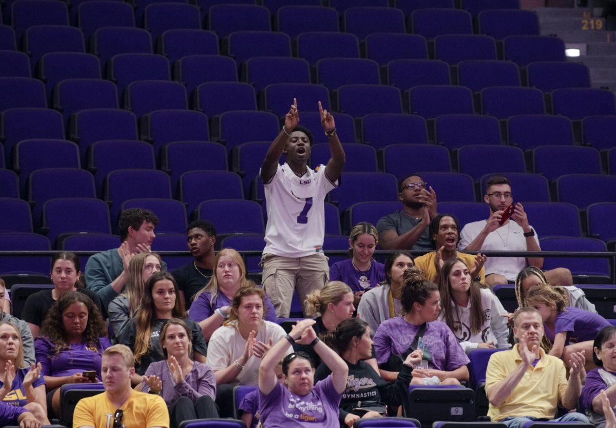 An LSU volleyball fan stands among the crowd to cheer on Friday, Sept. 2, 2022, during LSU&#8217;s 3-0 victory over Iowa State in the Pete Maravich Assembly Center in Baton Rouge, La.