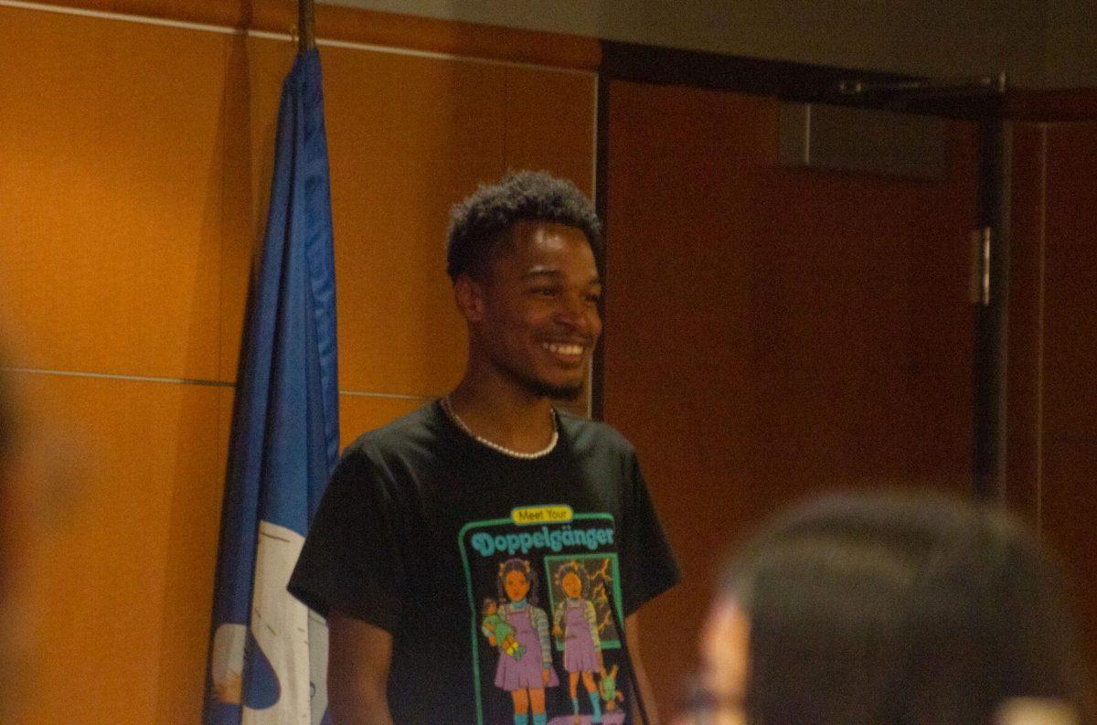 Student Government senator Jahi Palmer advocates for a Member-at-Large candidate on Wednesday, Aug. 31, 2022, in the Student Union in Baton Rouge, La.