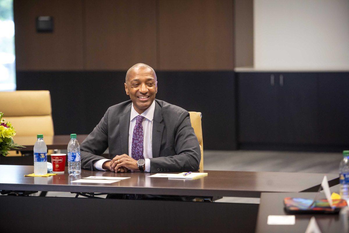 <p>William Tate IV speaks during the interview process in LSU's presidential search on May 6, 2021. Tate was named president of LSU on May 7, 2021. <em>Courtesy Katherine Seghers, LSU.</em></p>