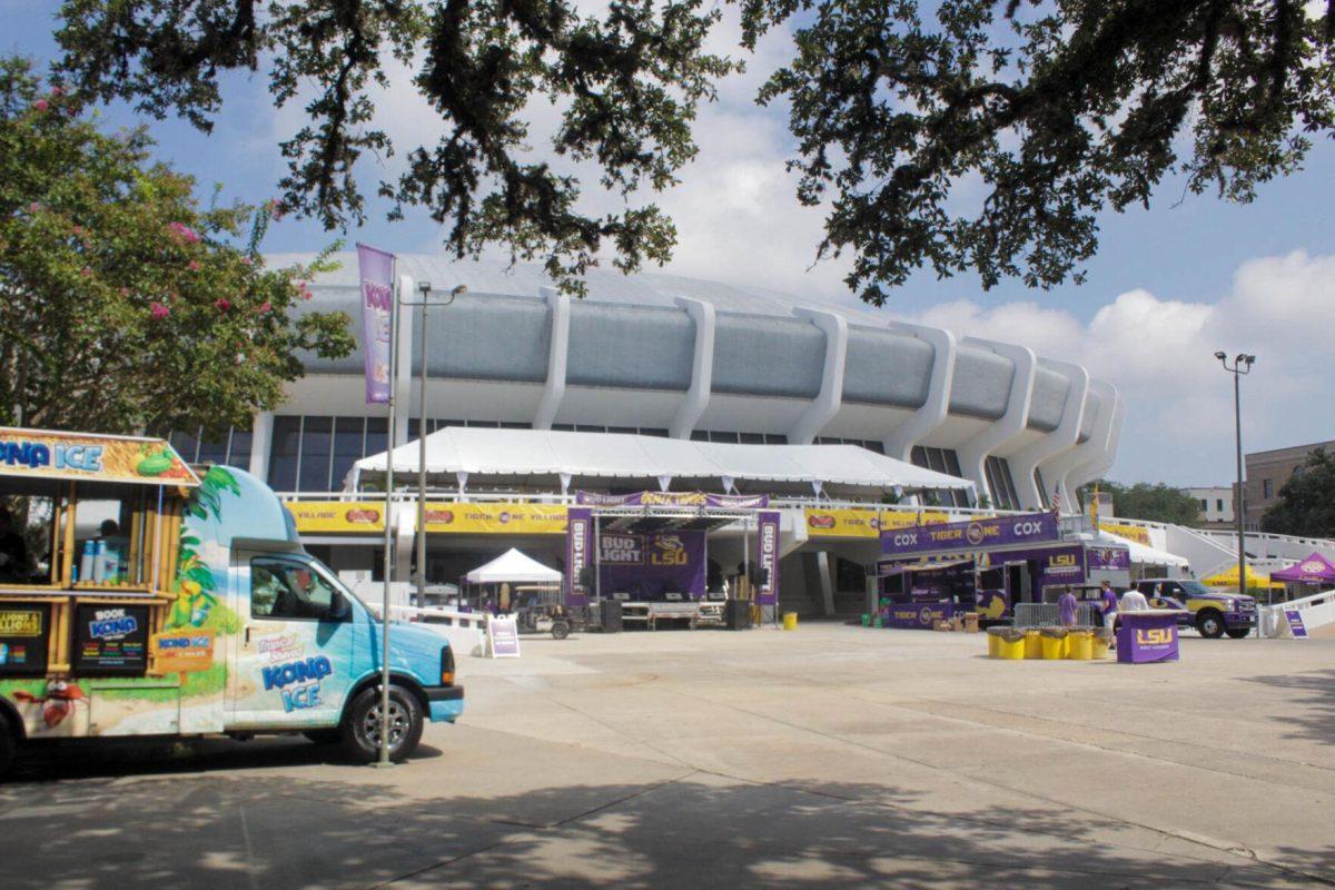 The PMAC sits awaiting LSU fans to enjoy the festivities set up for Game Day on Saturday, Sept. 10, 2022, on N. Stadium Drive, in Baton Rouge, La.