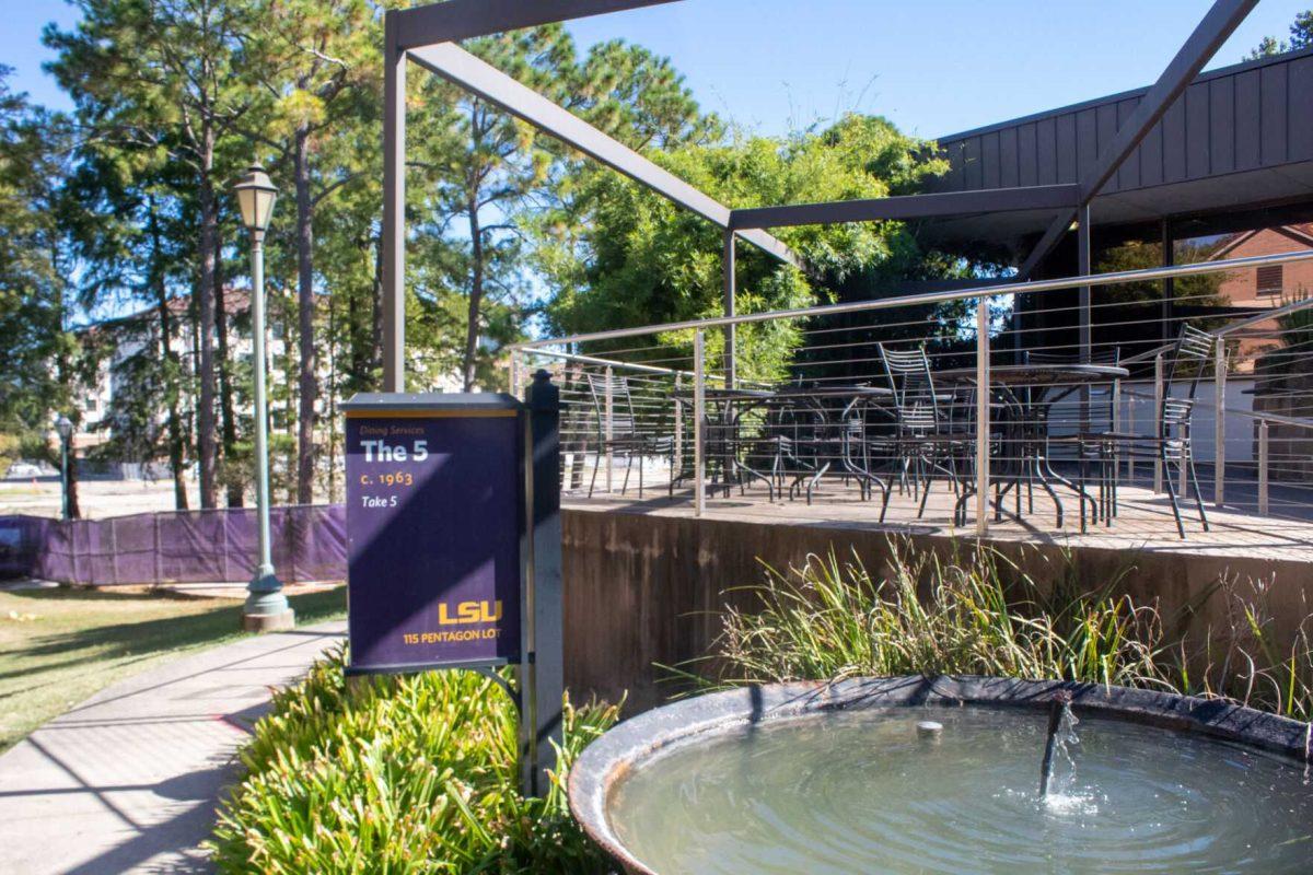 A fountain shoots water outside of The 5 on Thursday, Sept. 29, 2022, at The 5 dining hall on LSU's Campus.