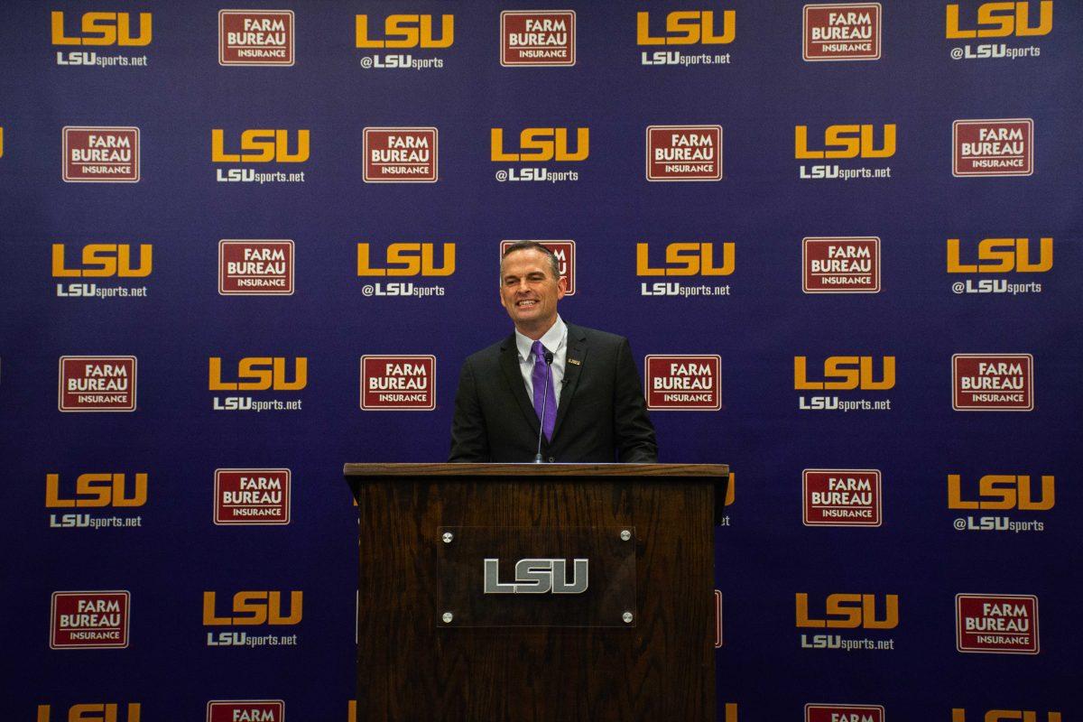 Matt McMahon speaks to the press Wednesday, March 23, 2022, during a press conference held in regard to his recent hire as LSU basketball's new head coach at the Bill Lawton Room in Tiger Stadium in Baton Rouge, La.