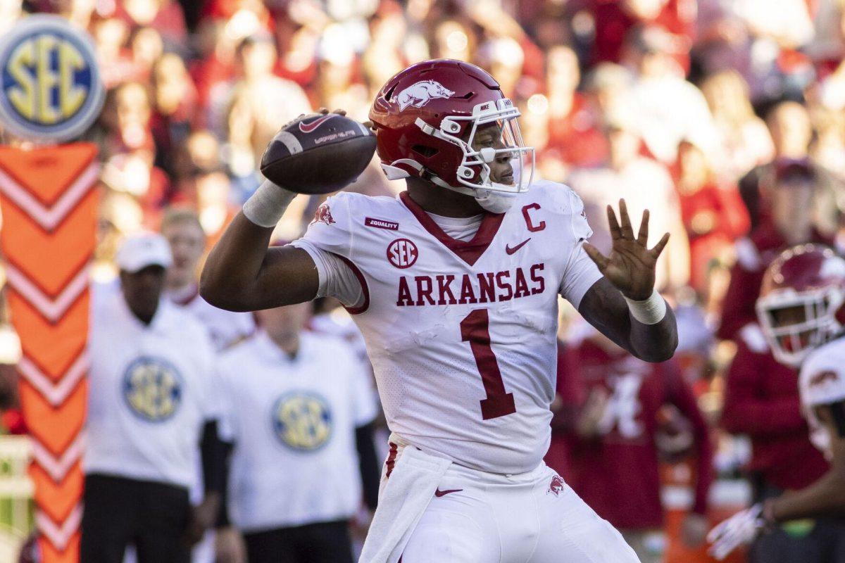 &#160;Arkansas quarterback KJ Jefferson looks to throw a pass against Alabama during the first half of an NCAA college football game Nov. 20, 2021, in Tuscaloosa, Ala. Arkansas feels confident in Jefferson. In his first year as the Razorbacks' starter, he guided the team to its best record in a decade. He passed for 2,676 yards and ran for 644, combining for 27 touchdowns. (AP Photo/Vasha Hunt)