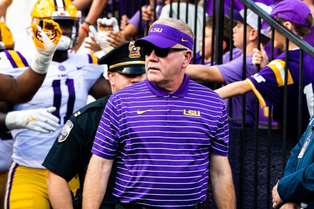 LSU football head coach Brian Kelly walks out of the football locker room tunnel Saturday, Sept. 17, 2022 before LSU’s 31-16 win against Mississippi State at Tiger Stadium in Baton Rouge, La.