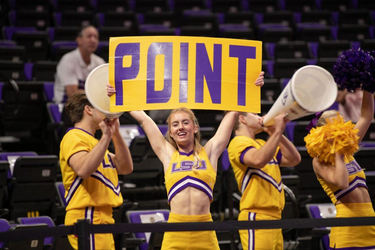 LSU cheerleaders celebrate a point against Iowa State on Friday, Sept. 2, 2022, during LSU&#8217;s 3-0 victory over Iowa State in the Pete Maravich Assembly Center in Baton Rouge, La.