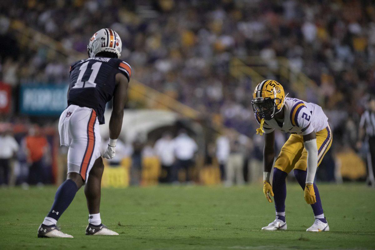 LSU sophomore cornerback Dwight McGlothern (2) lines up against Auburn senior wide reciever Shedrick Jackson (11) on Saturday, Oct. 2, 2021, during LSU's 24-19 loss against Auburn at Tiger Stadium in Baton Rouge, La.