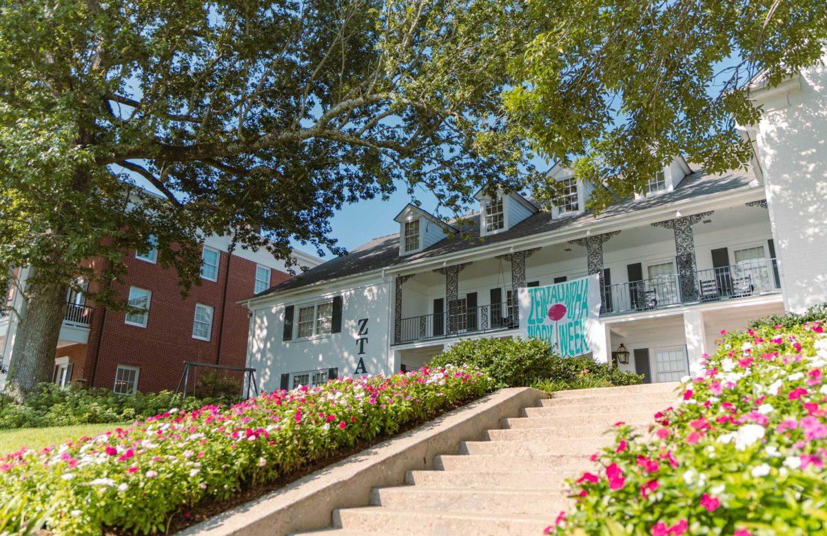 Flowers grow in front of the Zeta Tau Alpha Sorority House on Monday, Aug. 15, 2022, on West Lakeshore Drive in Baton Rouge, La.