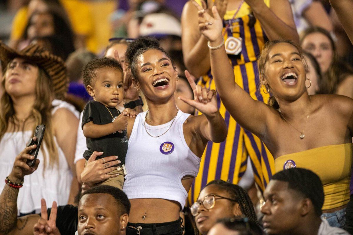 LSU football fans cheer from the stands on Saturday, Sept. 24, 2022, during the LSU vs New Mexico game in Tiger Stadium&#160;in Baton Rouge, La.