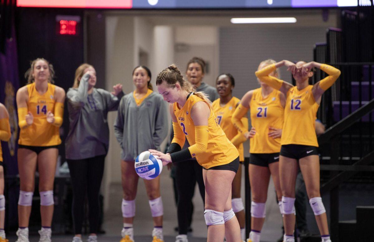 LSU volleyball junior outside hitter Paige Flickinger (2) prepares to serve the ball on Friday, Sept. 2, 2022, during LSU&#8217;s 3-0 victory over Iowa State in the Pete Maravich Assembly Center in Baton Rouge, La.