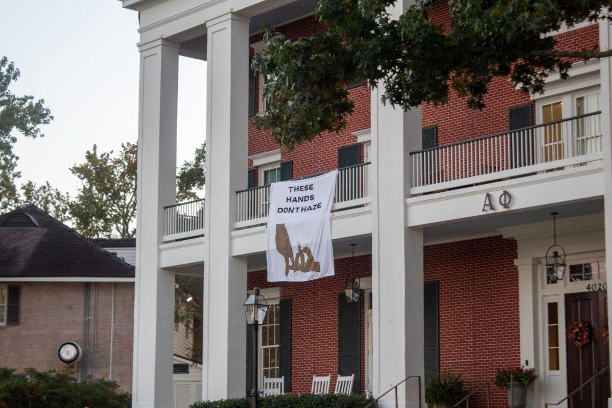 A hazing prevention week banner hangs outside the Alpha Phi sorority house on Friday, Sept. 23, 2022, on W Lakeshore Drive in Baton Rouge, La.