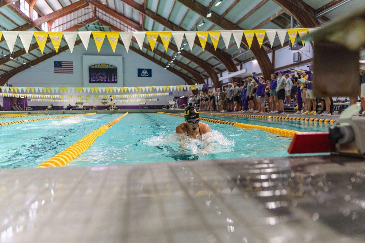 LSU swim sophomore Megan Braman approaches a turn on Friday, Sept. 23, 2022, in the 200-yard Individual Medley during LSU&#8217;s victory over Tulane and Vanderbilt at the LSU Natatorium on Nicholson Drive in Baton Rouge, La.