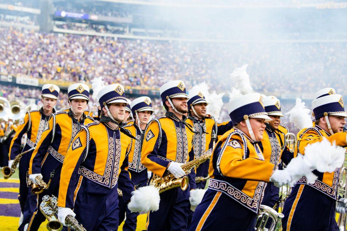 The LSU Golden Band runs off the field after performing Saturday, Sept. 17, 2022 before LSU’s 31-16 win against Mississippi State at Tiger Stadium in Baton Rouge, La.
