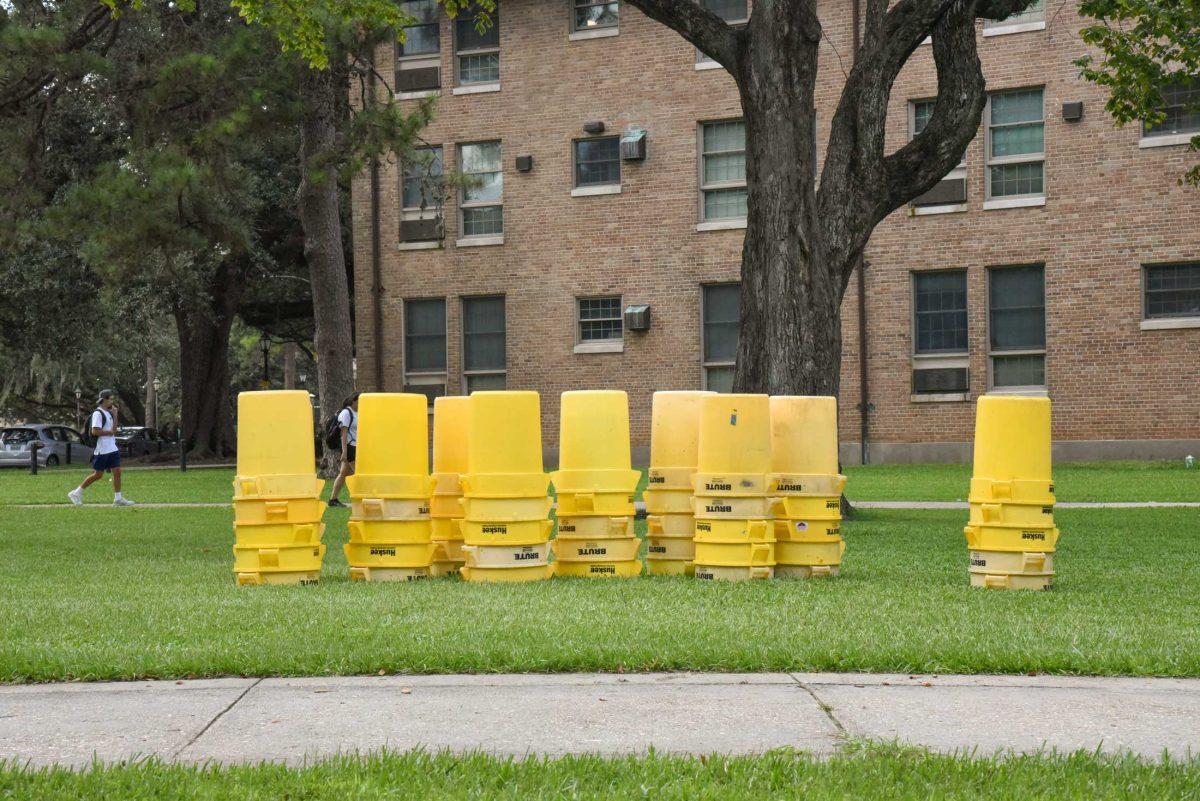 Trash cans litter the campus of LSU on Friday, Sep. 9, 2022, at LSU, Baton Rouge, La.