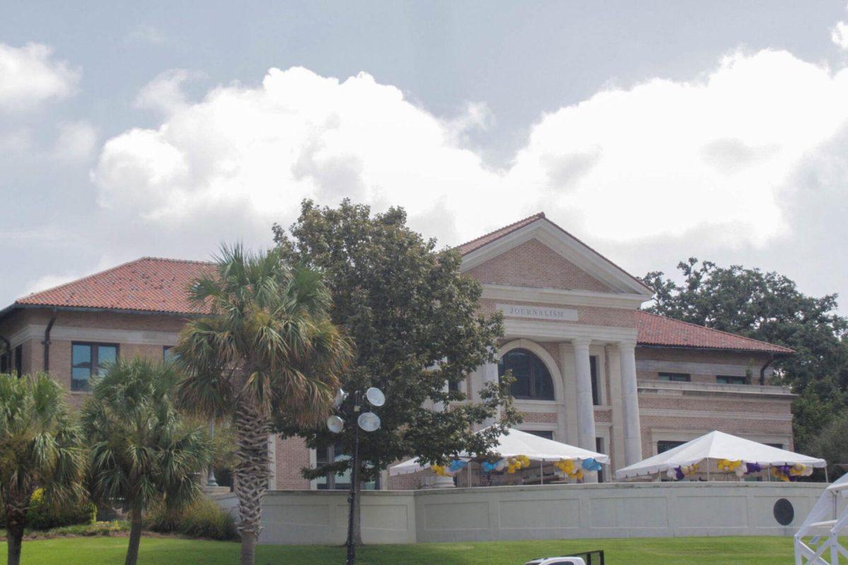 The Journalism Building sits atop Victory Hill decorated for Game Day festivities on Saturday, Sept. 10, 2022, on N. Stadium Drive, in Baton Rouge, La.