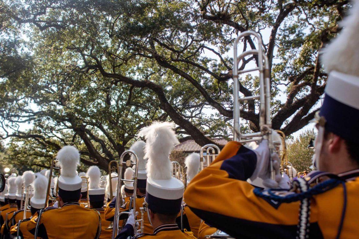 The Golden Band from Tigerland marches down Victory Hill on Saturday, Sept. 24, 2022, on North Stadium Drive.