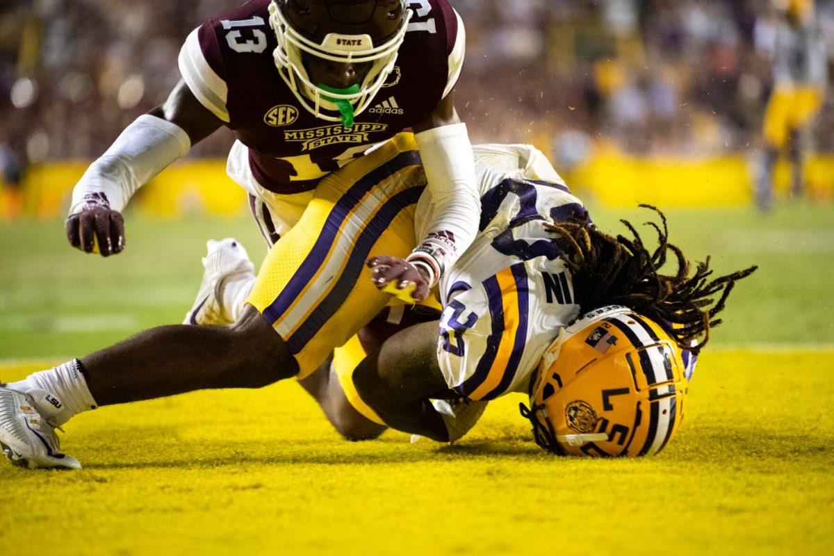 LSU football sophomore running back Armoni Goodwin (22) falls into the endzone for a touchdown Saturday, Sept. 17, 2022 during LSU’s 31-16 win against Mississippi State at Tiger Stadium in Baton Rouge, La.
